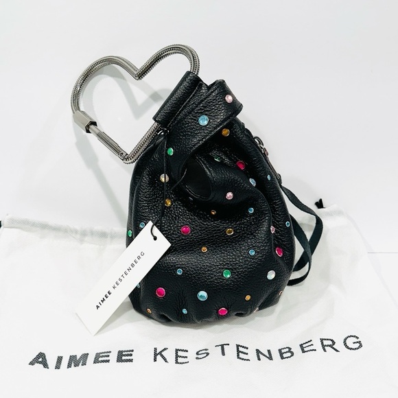 NWT Aimee Kestenberg All My Heart Black Leather Rainbow Rhinestone Heart Bag - Picture 1 of 8